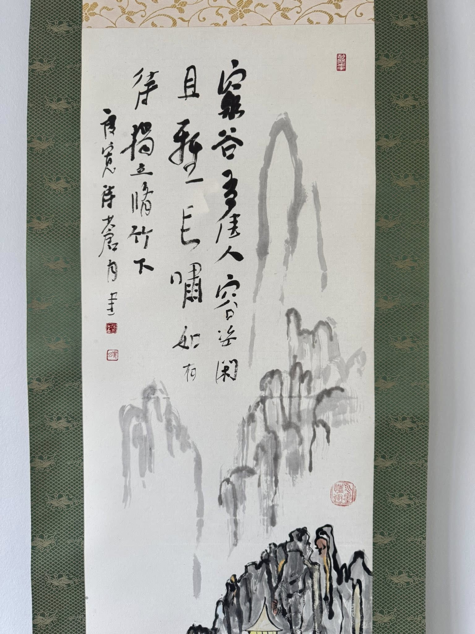 Vintage Japanese Hand-Painted Scroll | Mountain Temple & Poem Kakemono