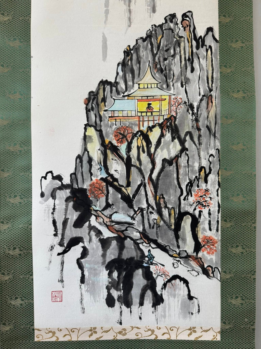 Vintage Japanese Hand-Painted Scroll | Mountain Temple & Poem Kakemono