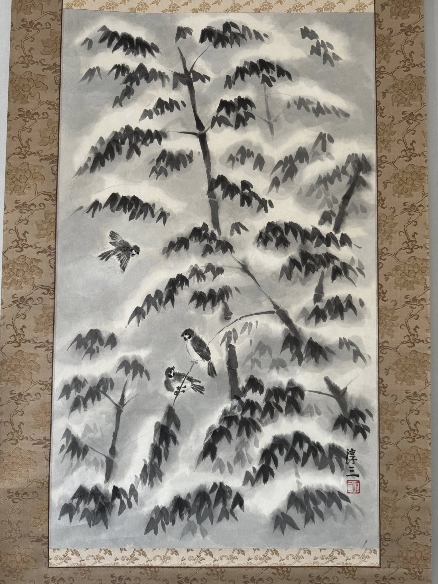 Japanese Ink Scroll Painting – Birds & Bamboo in Snow | Hand-Painted Sumi-e Kakemono