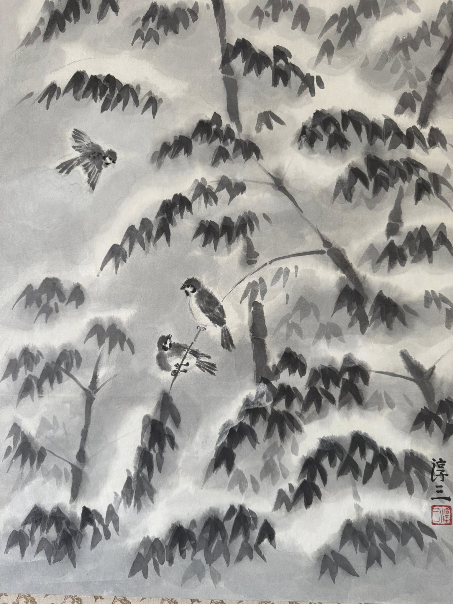 Japanese Ink Scroll Painting – Birds & Bamboo in Snow | Hand-Painted Sumi-e Kakemono