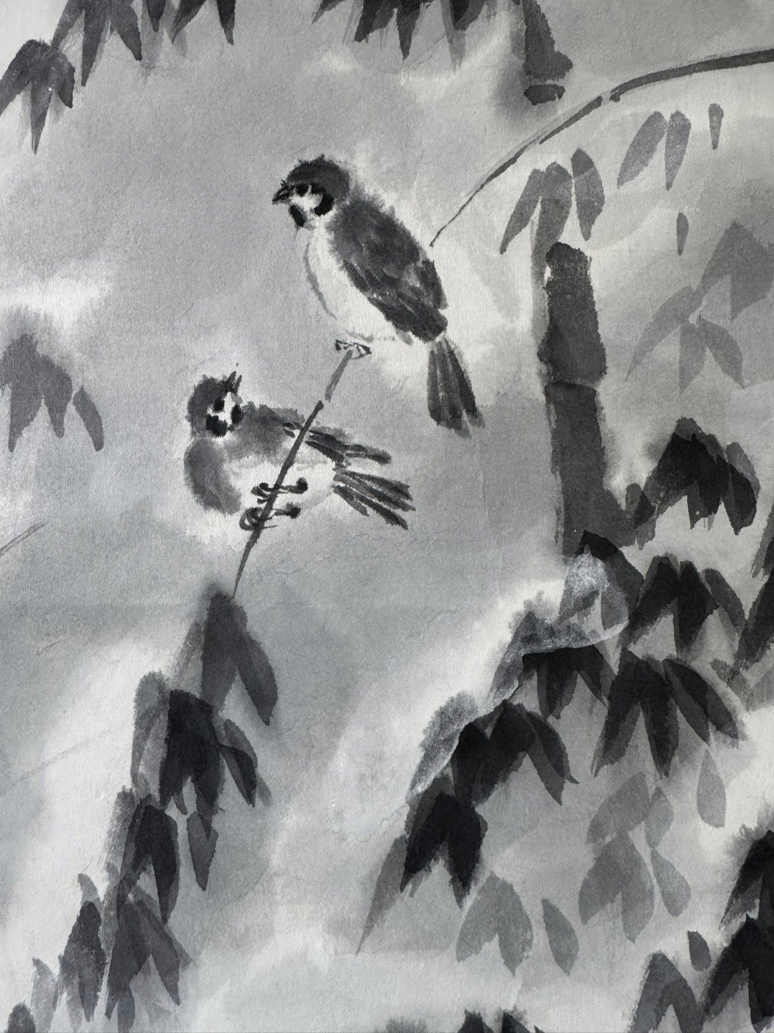 Japanese Ink Scroll Painting – Birds & Bamboo in Snow | Hand-Painted Sumi-e Kakemono