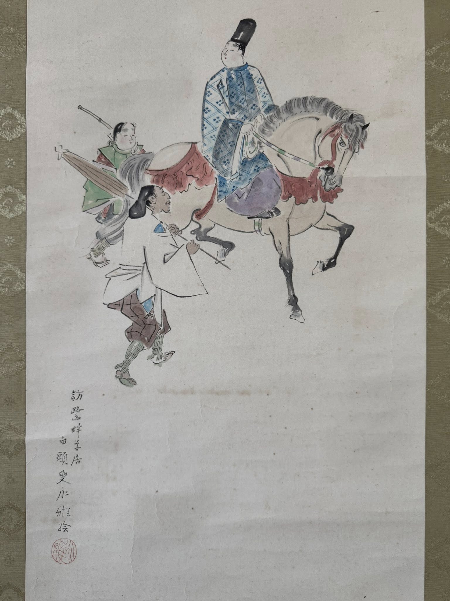 Vintage Japanese Kakemono | Samurai on Horseback & Mount Fuji Scroll